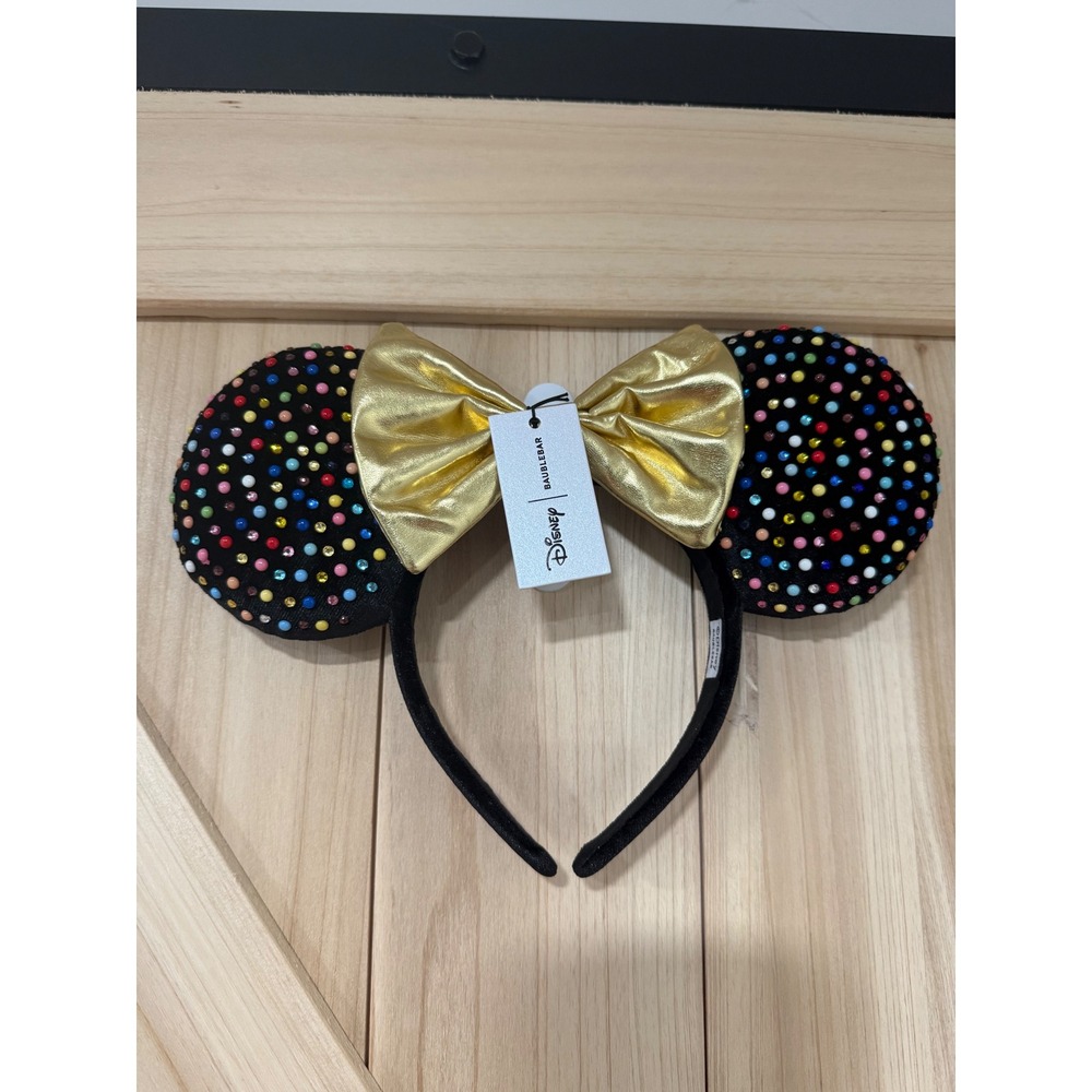 Disney x BaubleBar Minnie Mouse Ears Headband Multicolor Rhinestone Gold Bow NWT